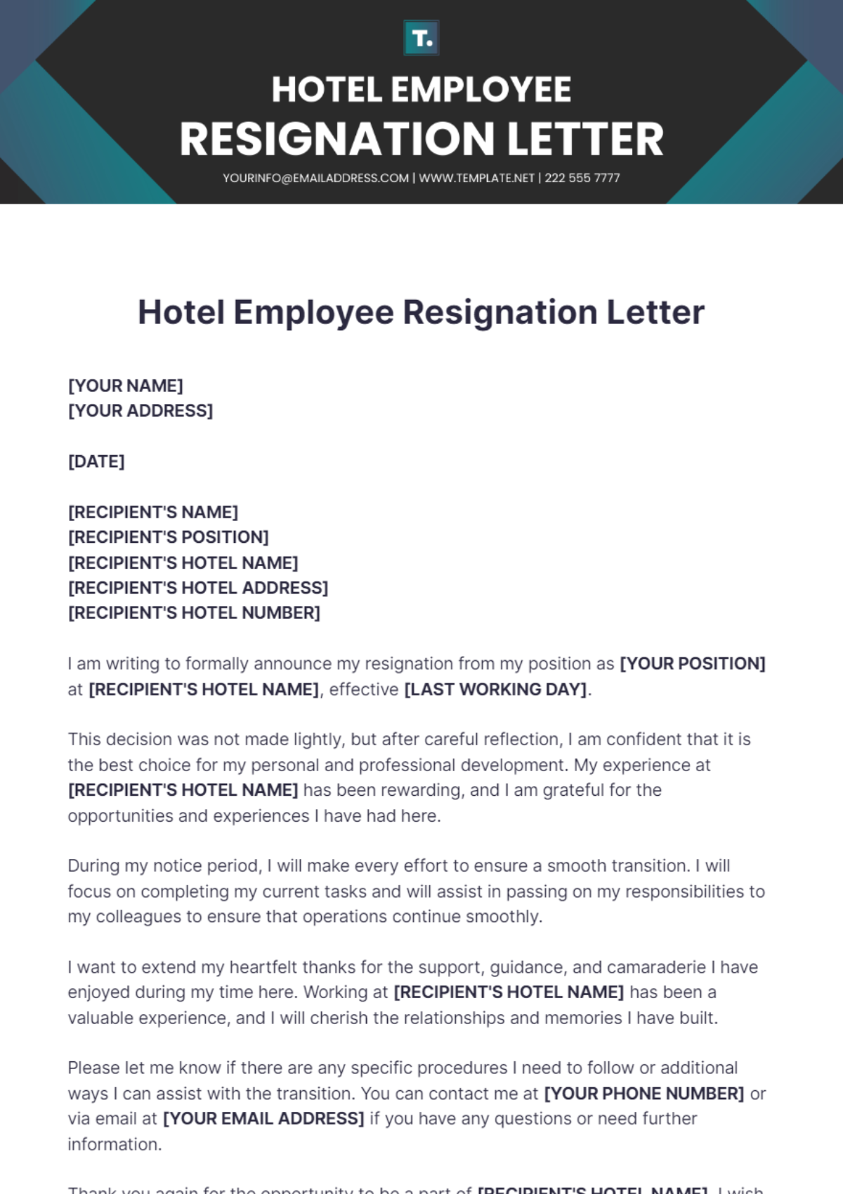 Hotel Employee Resignation Letter Template - Edit Online & Download