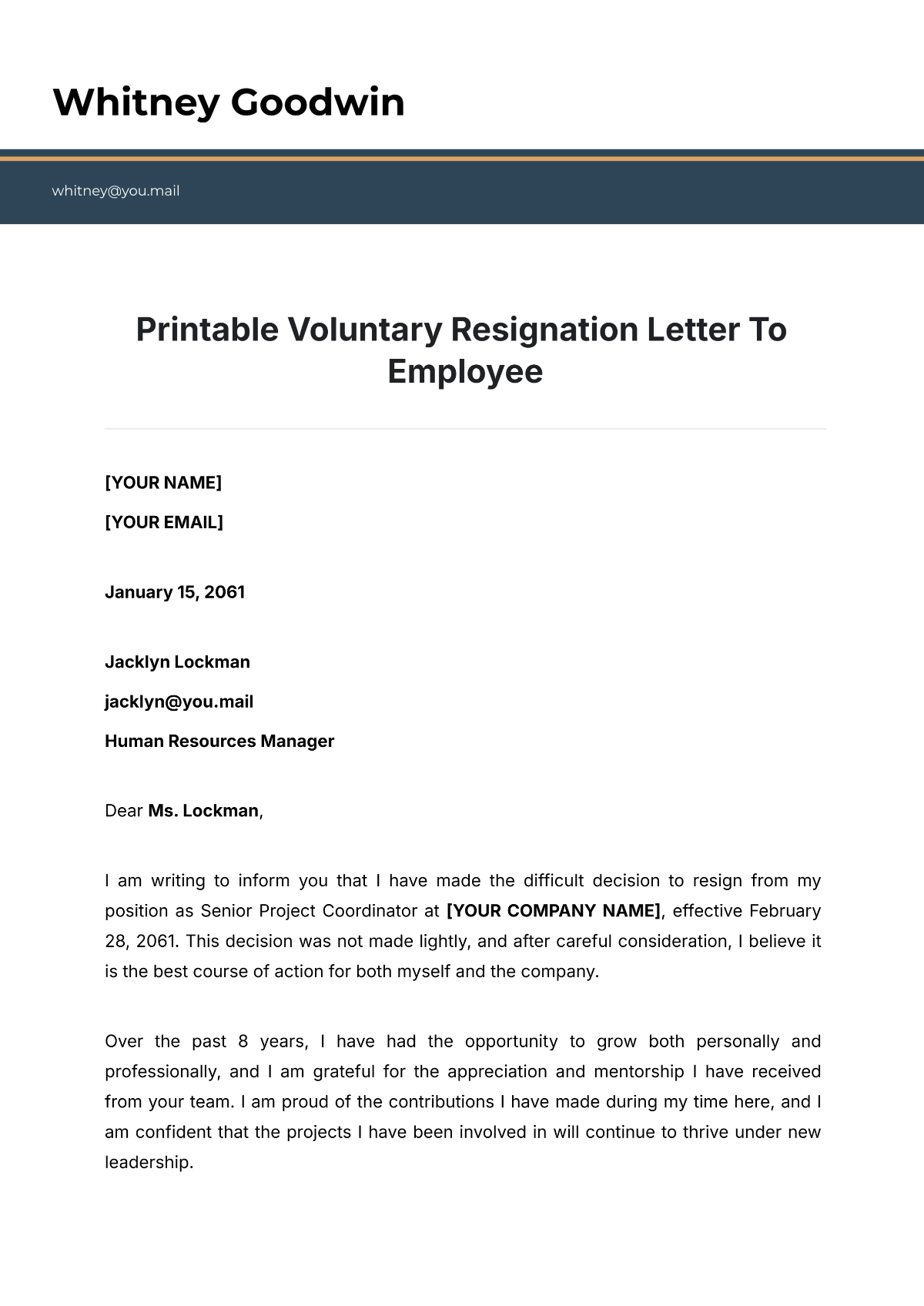 Printable Voluntary Resignation Letter To Employee Template - Edit Online & Download