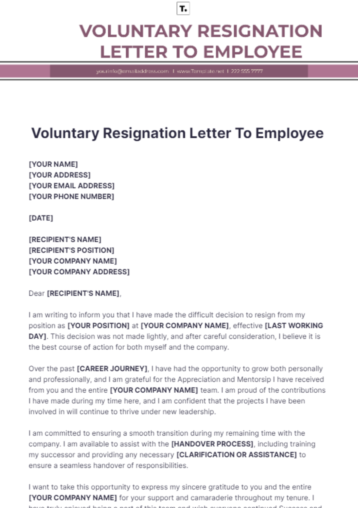 Voluntary Resignation Letter To Employee Template - Edit Online & Download