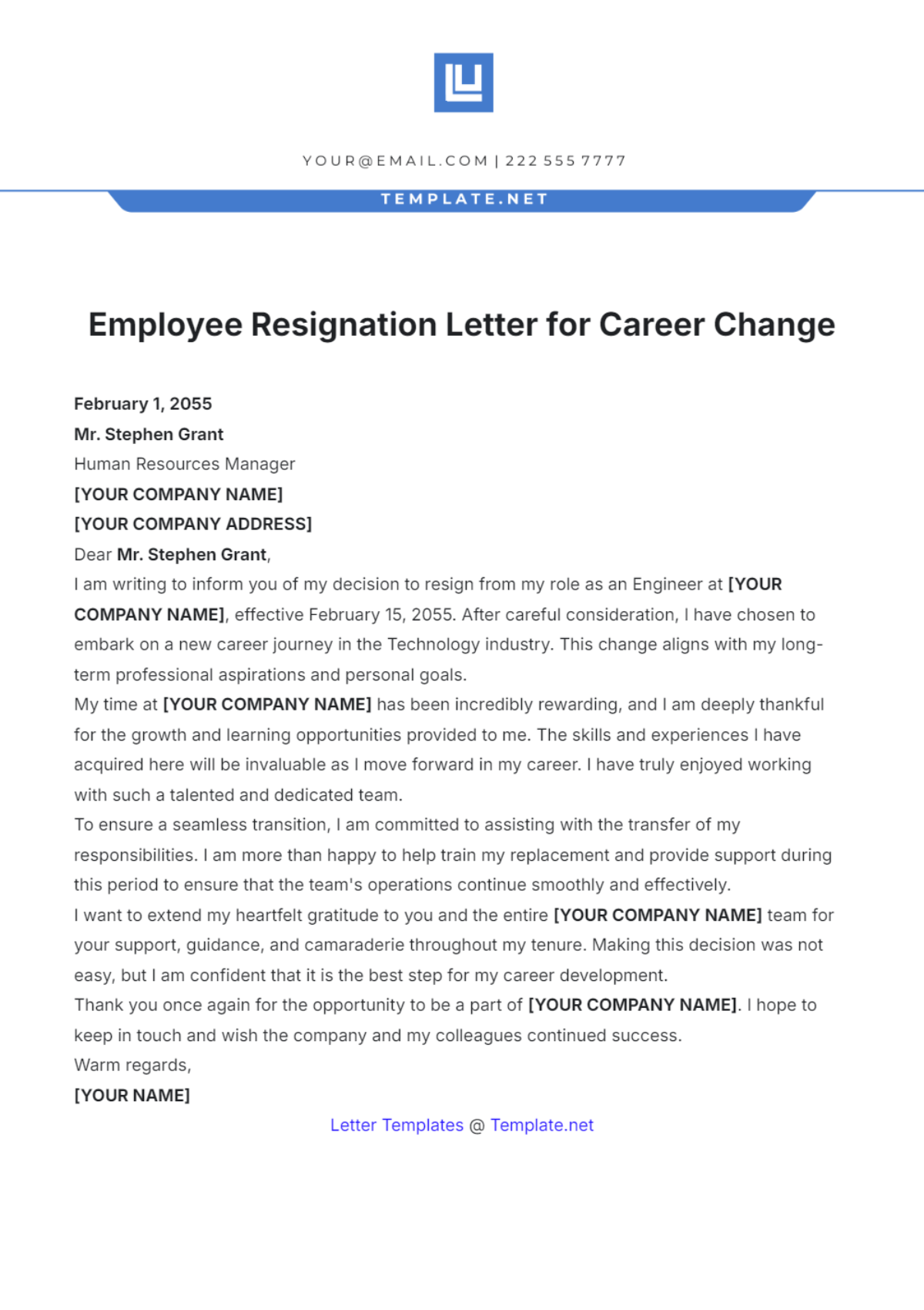 Employee Resignation Letter for Career Change Template