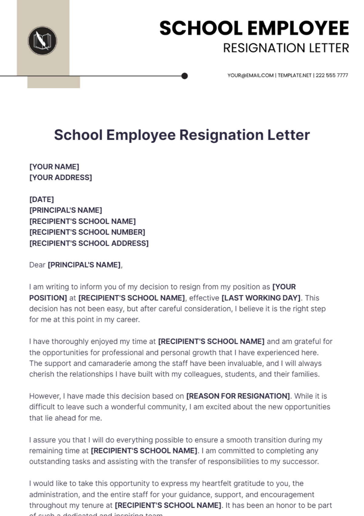 School Employee Resignation Letter Template - Edit Online & Download