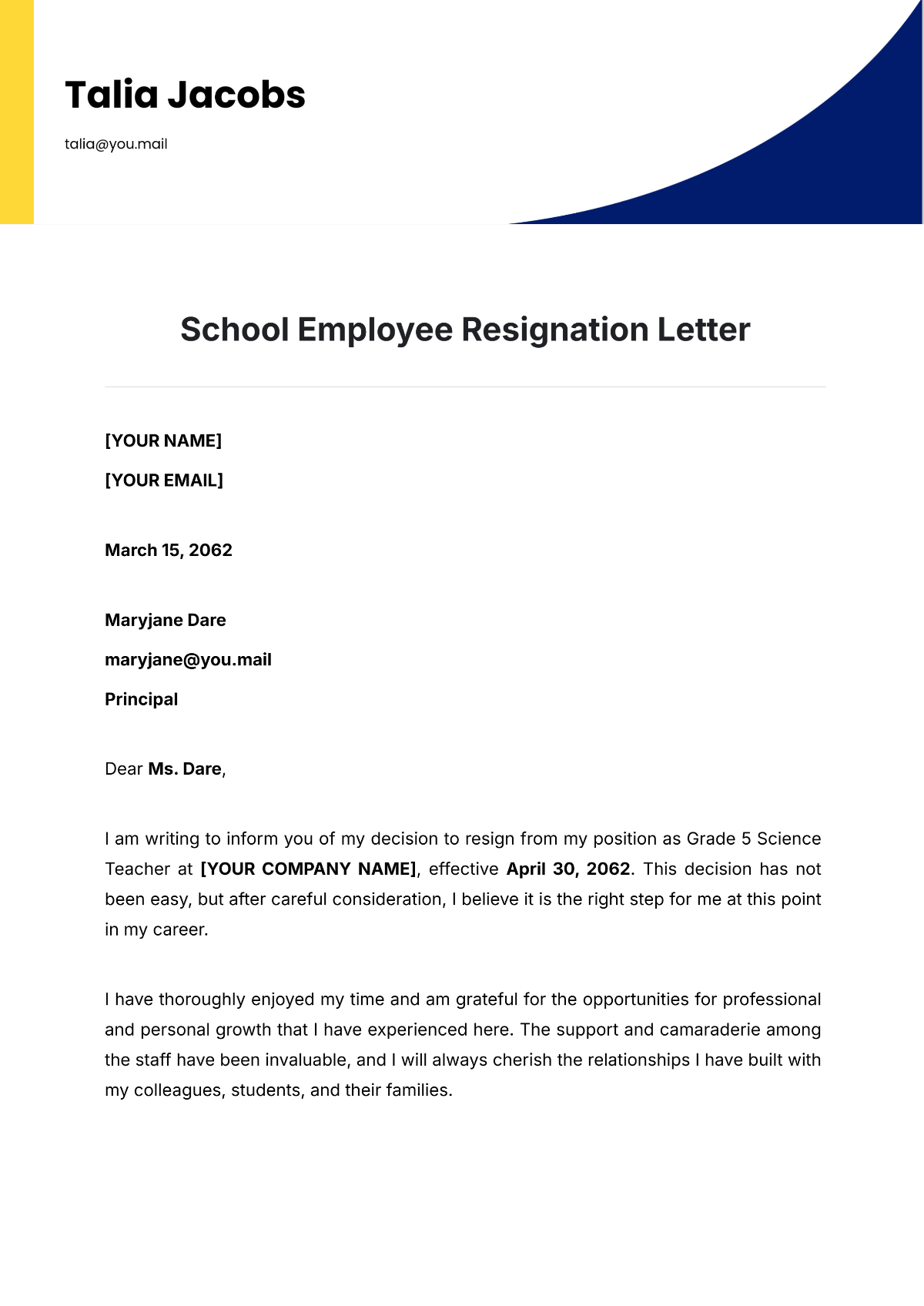 School Employee Resignation Letter Template - Edit Online & Download