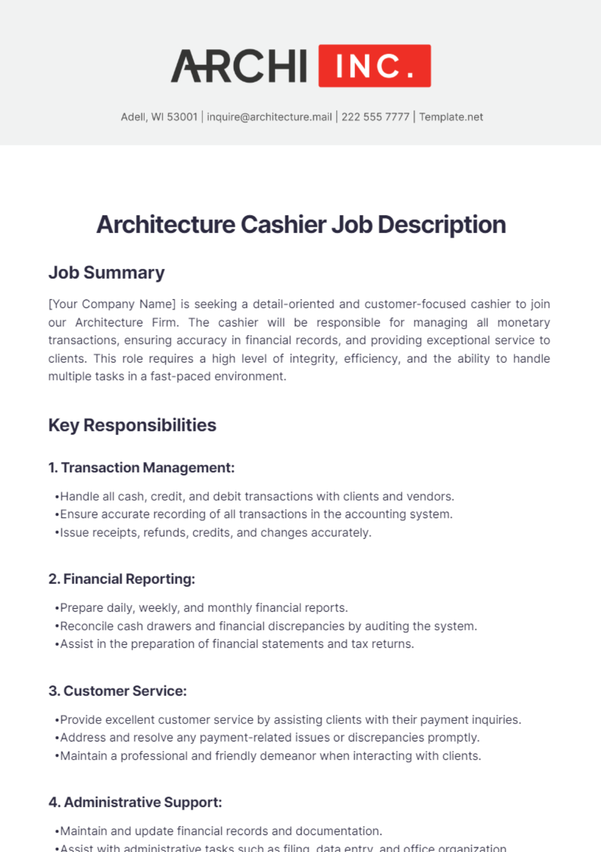 Architecture Cashier Job Description Template - Edit Online & Download