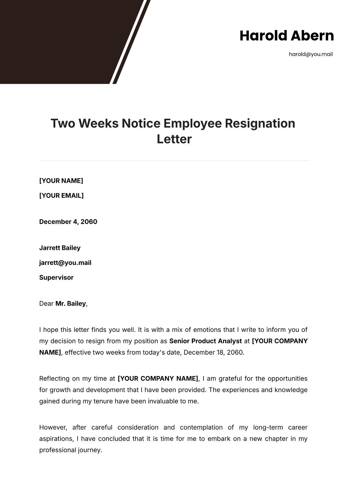 Two Weeks Notice Employee Resignation Letter Template - Edit Online & Download