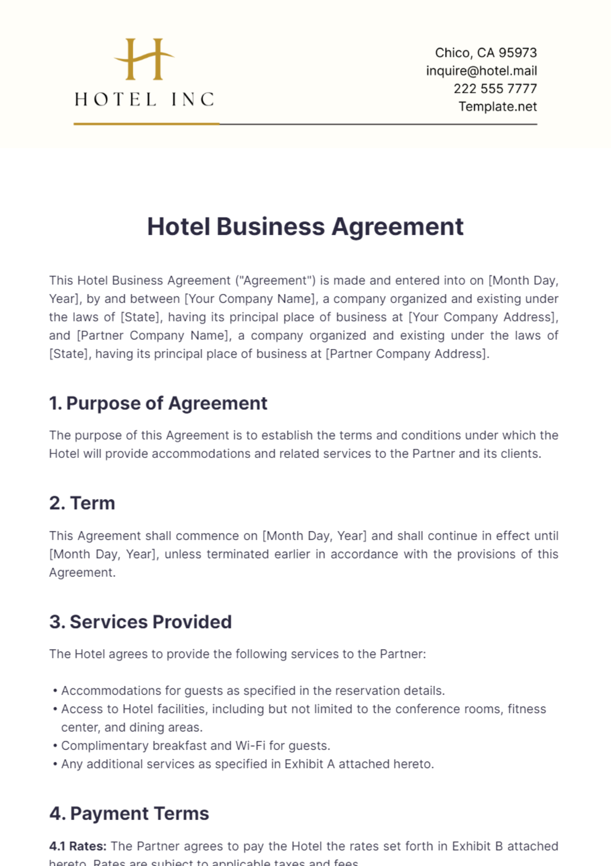 Hotel Business Agreement Template - Edit Online & Download