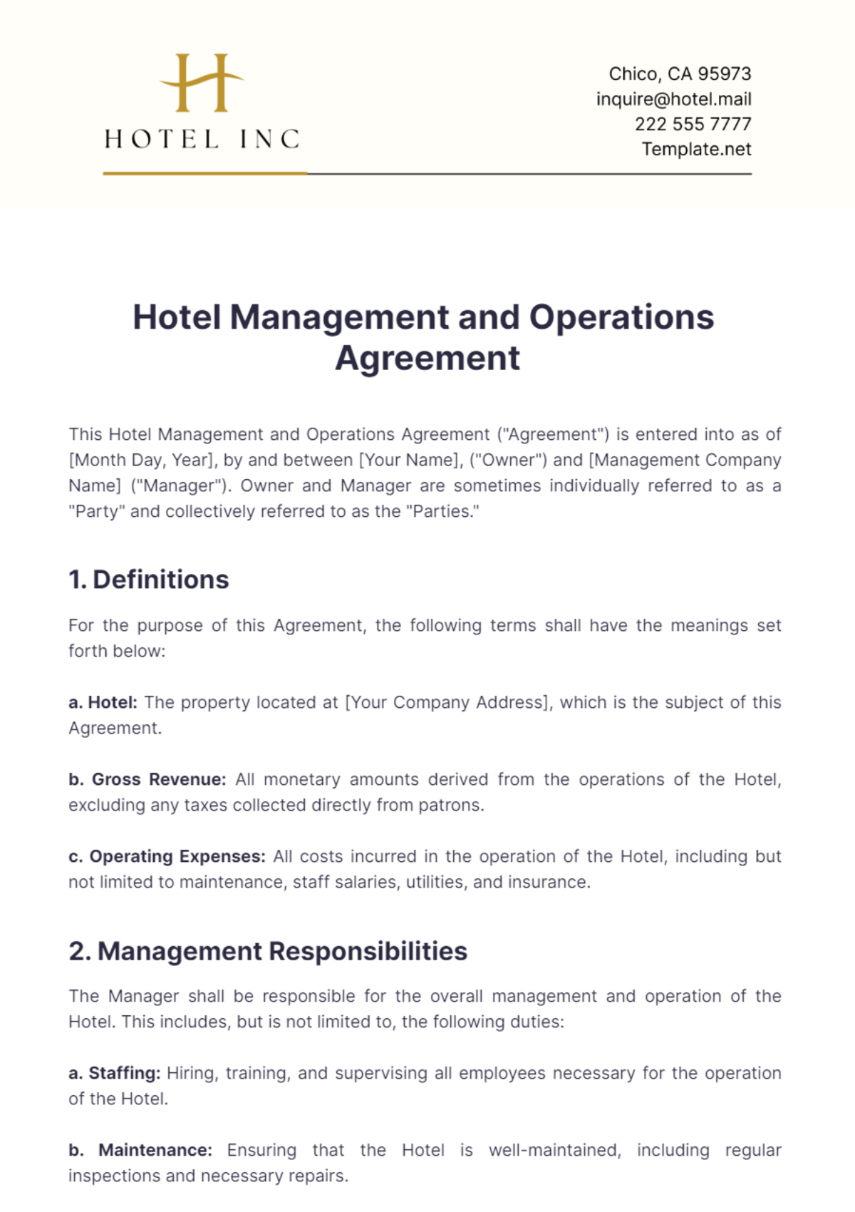 Hotel Management and Operations Agreement Template - Edit Online & Download