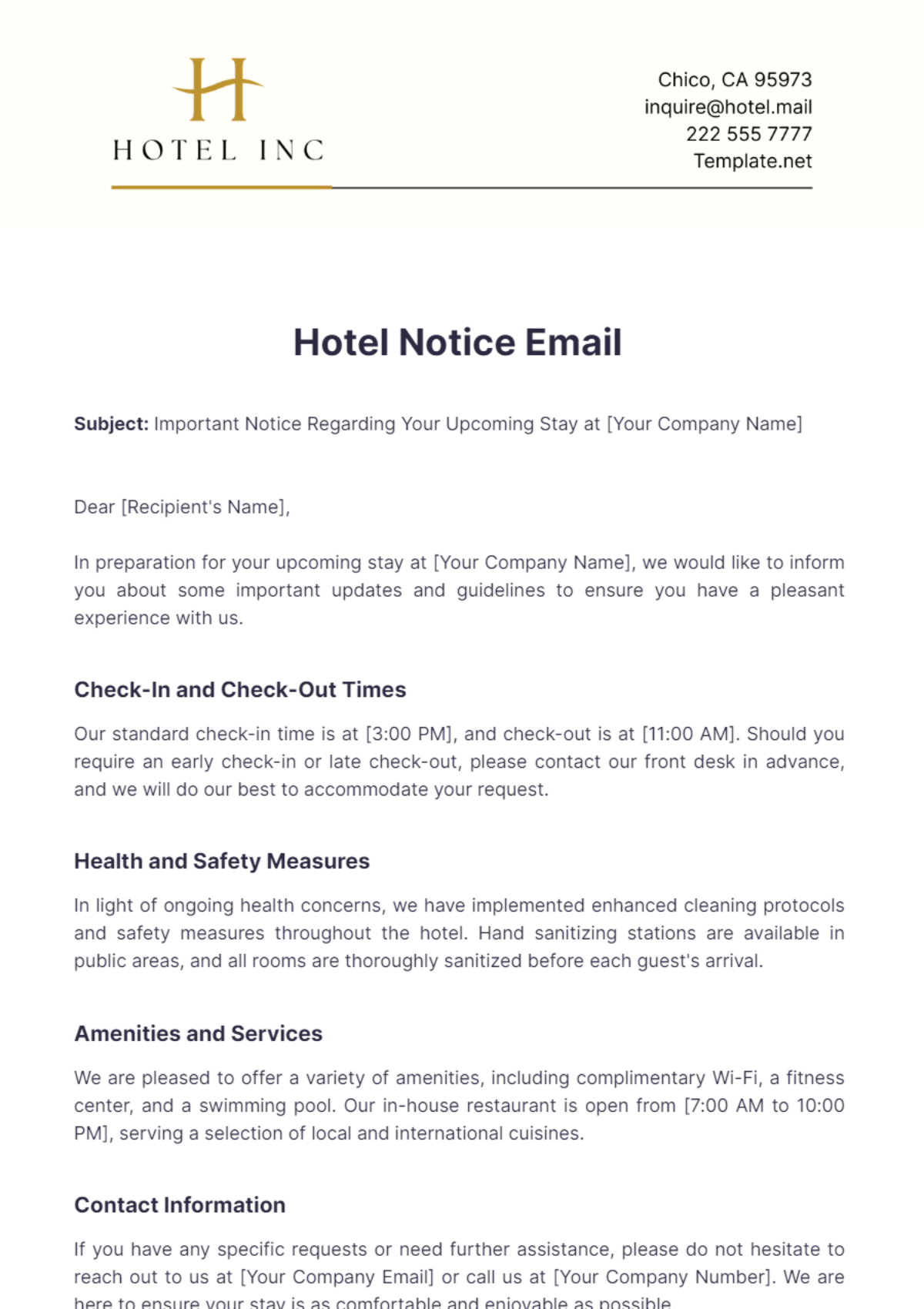 Hotel Notice Email Template - Edit Online & Download