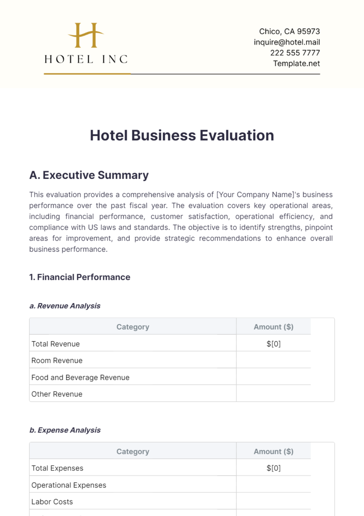 Hotel Business Evaluation Template - Edit Online & Download