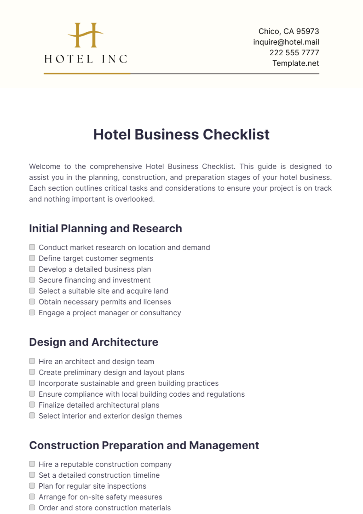 Hotel Business Checklist Template - Edit Online & Download