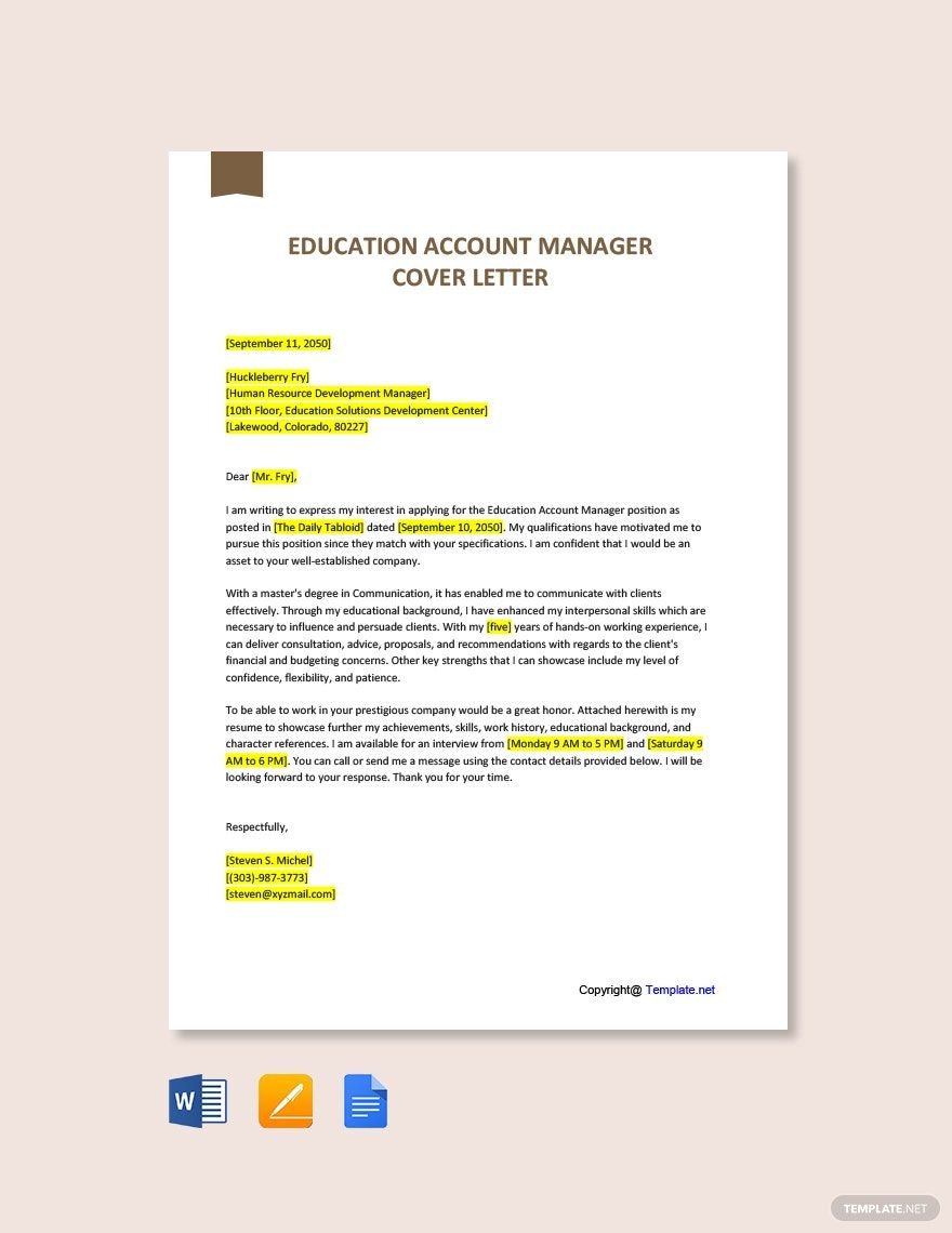 Education Account Manager Cover Letter in Word, Google Docs, PDF, Apple Pages