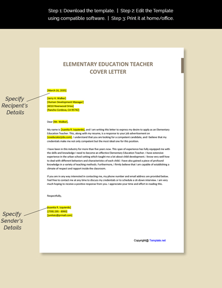 Elementary Education Teacher Cover Letter Template - Google Docs, Word ...