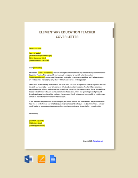 cover letter elementary teacher template