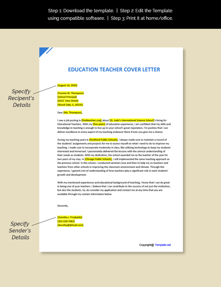 Education Teacher Cover Letter Template [Free PDF] - Word | Apple Pages ...