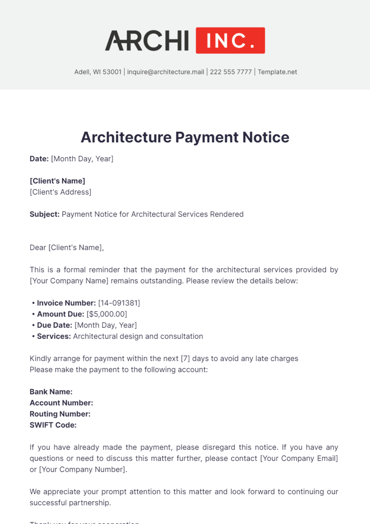 Architecture Payment Notice Template - Edit Online & Download