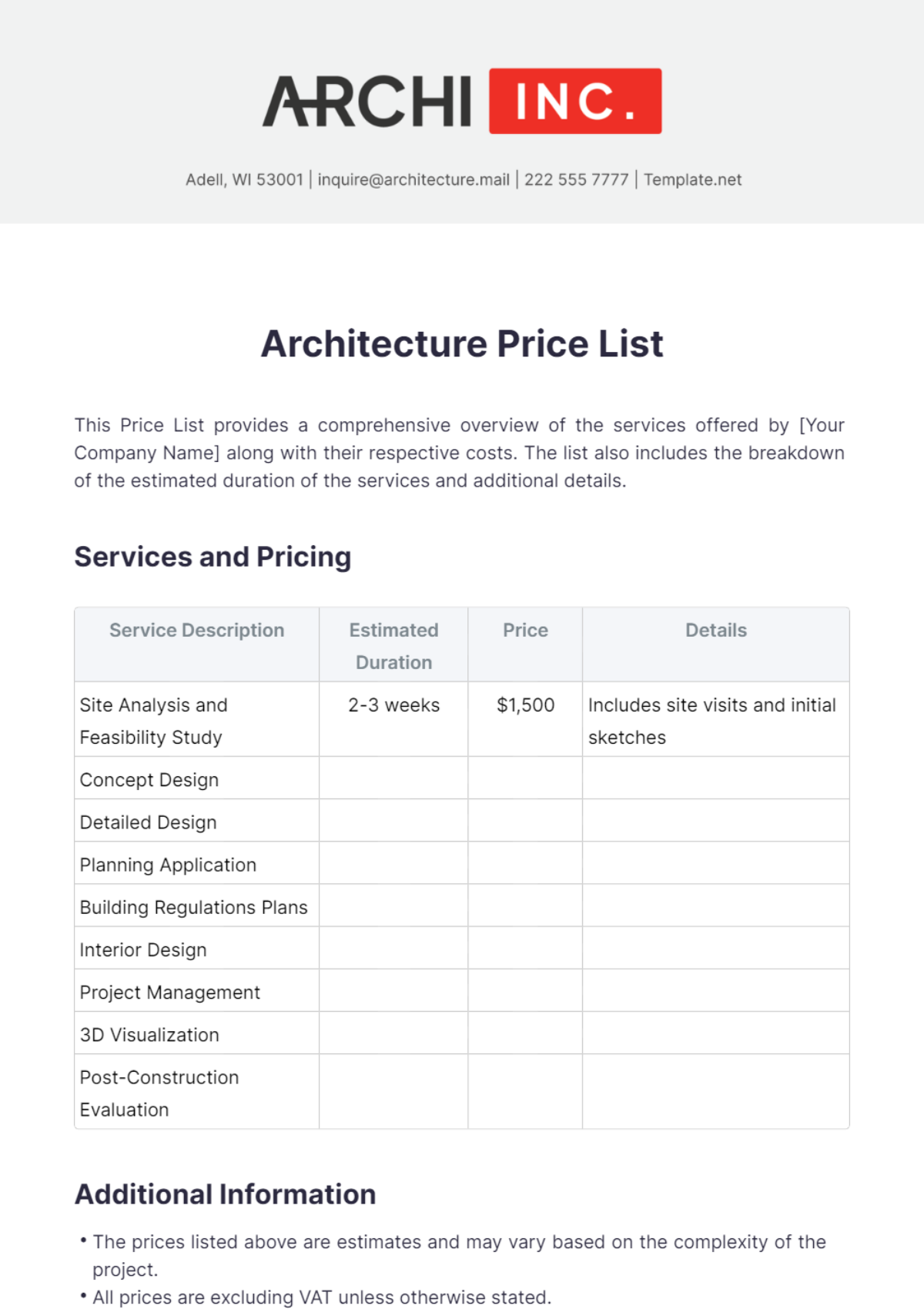 Architecture Price List Template - Edit Online & Download