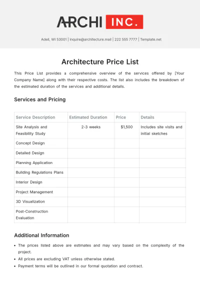 Free Architecture Price List Template to Edit Online