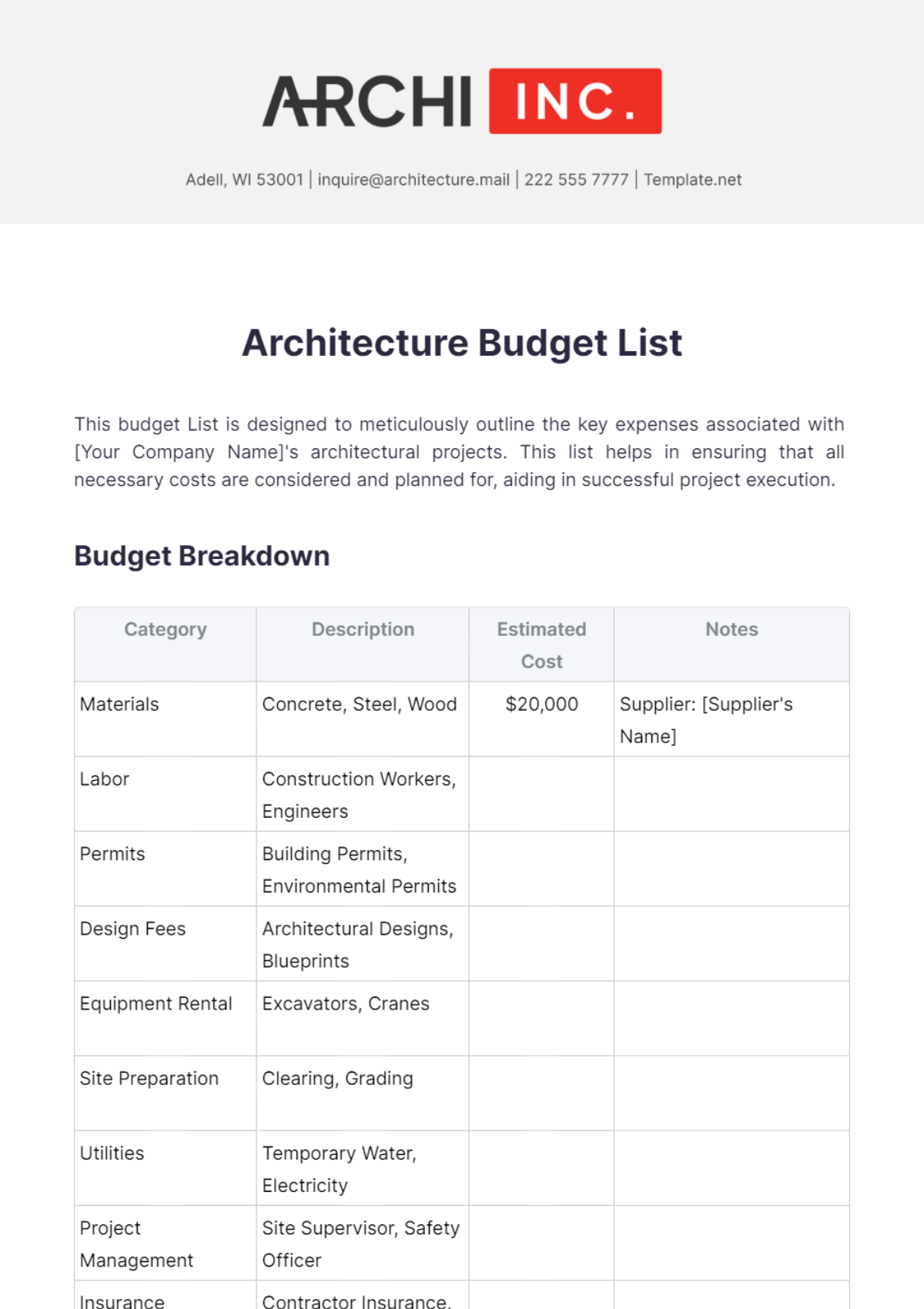 Architecture Budget List Template - Edit Online & Download