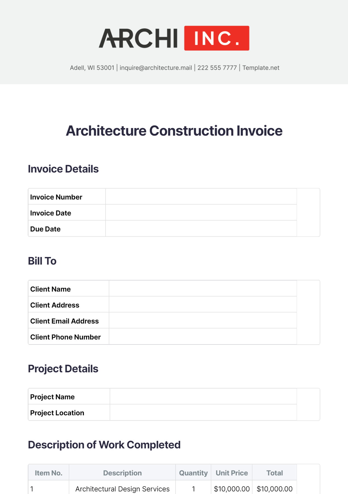 Architecture Construction Invoice Template - Edit Online & Download