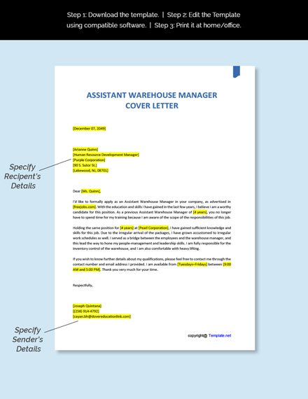 warehouse assistant manager cover letter