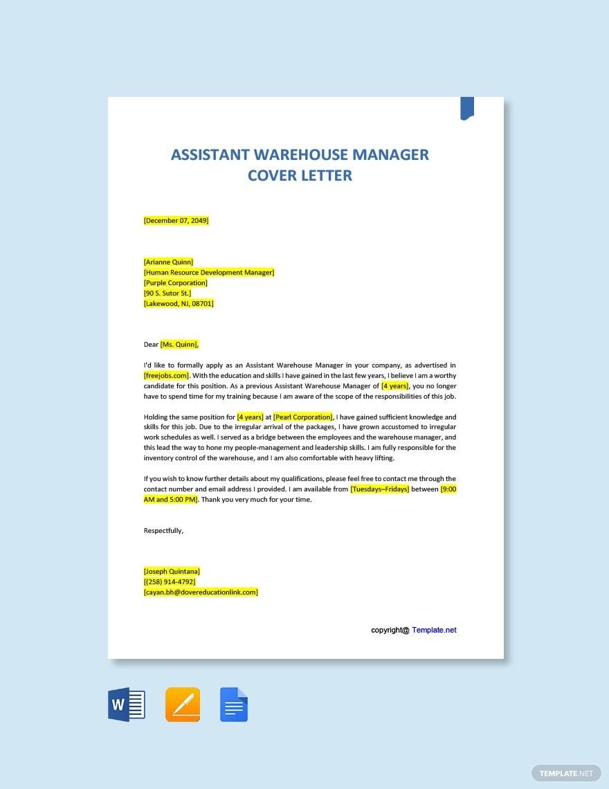 Assistant Warehouse Manager Cover Letter