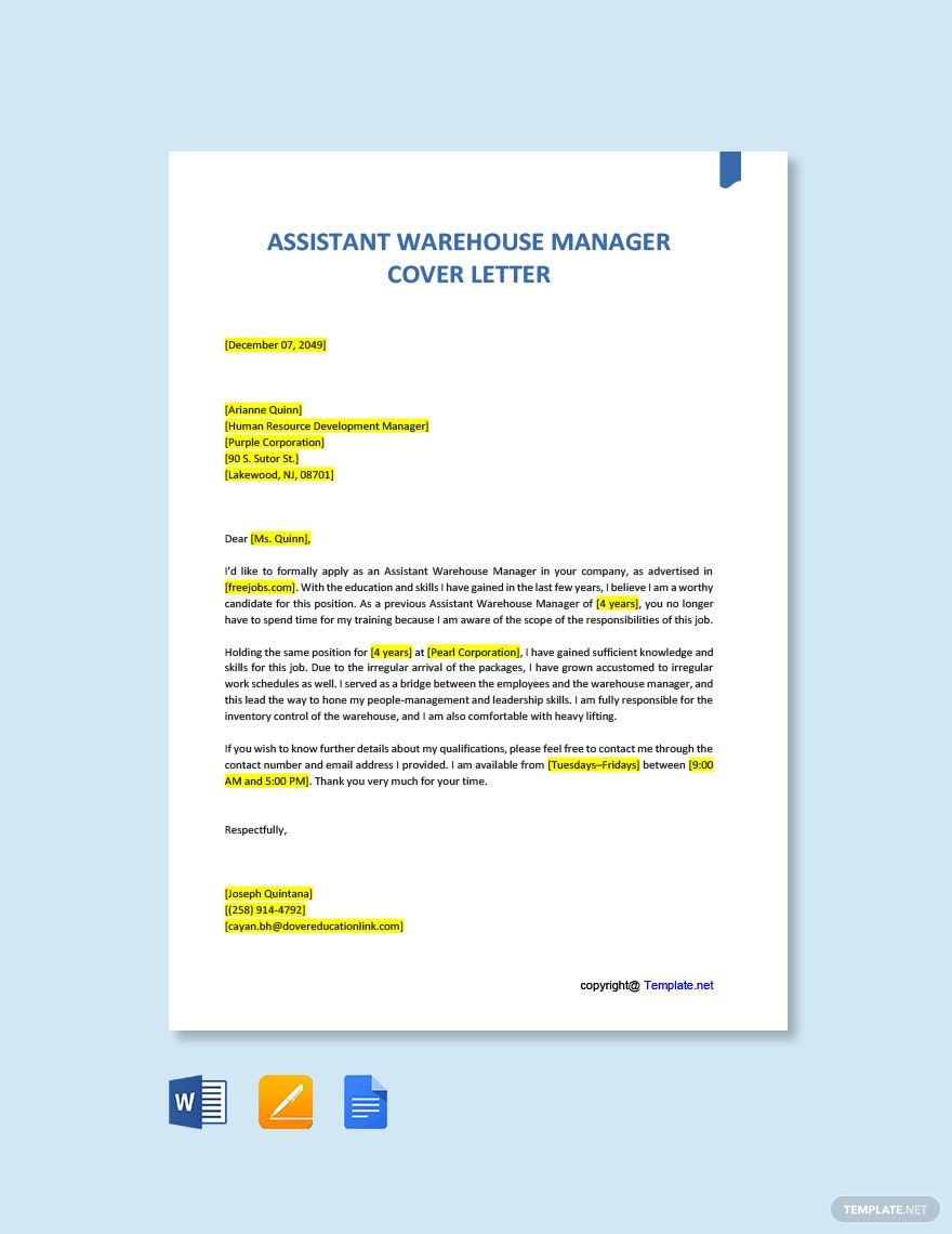 Free Assistant Warehouse Manager Cover Letter in Word, Google Docs, PDF, Apple Pages