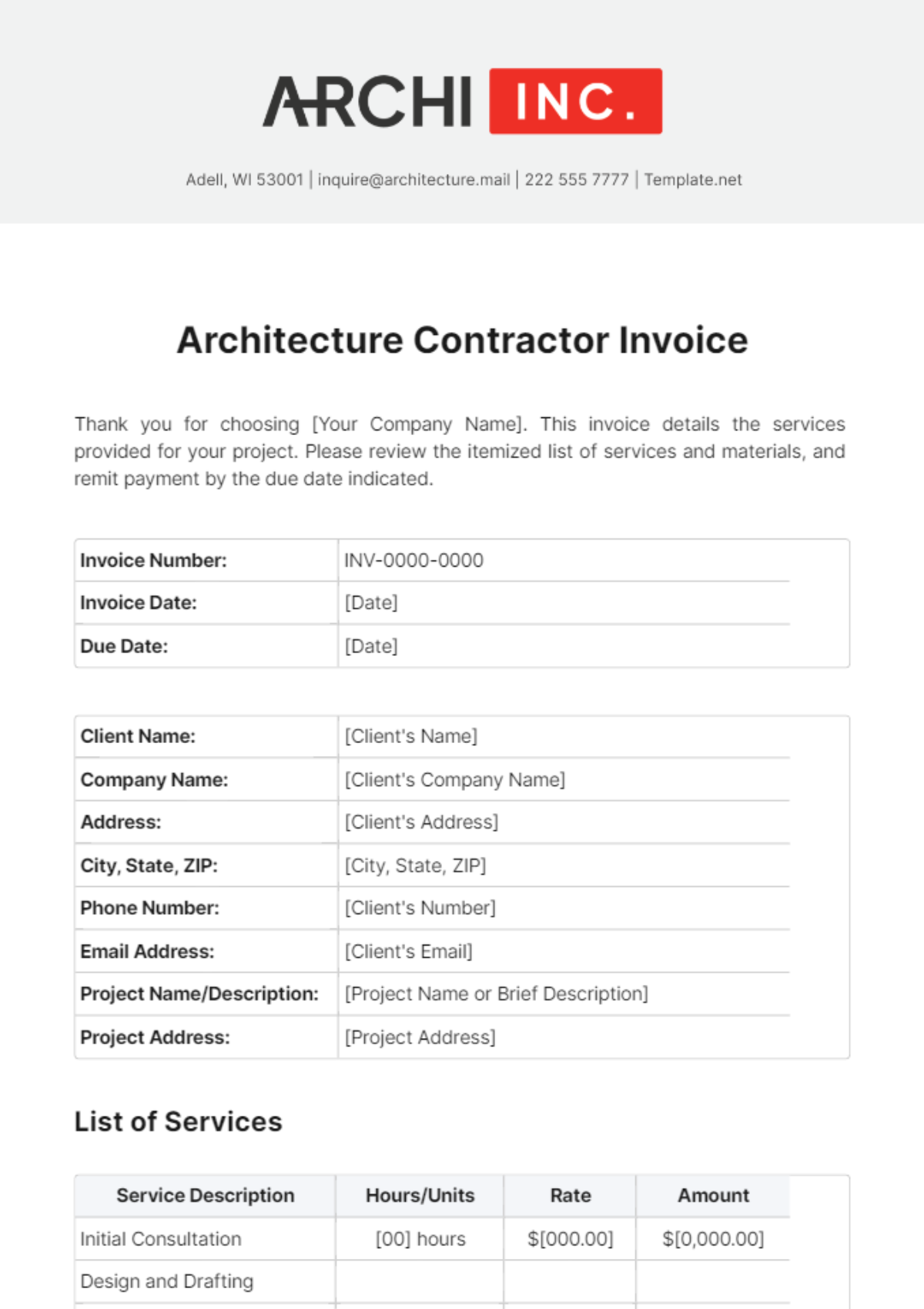 Architecture Contractor Invoice Template - Edit Online & Download