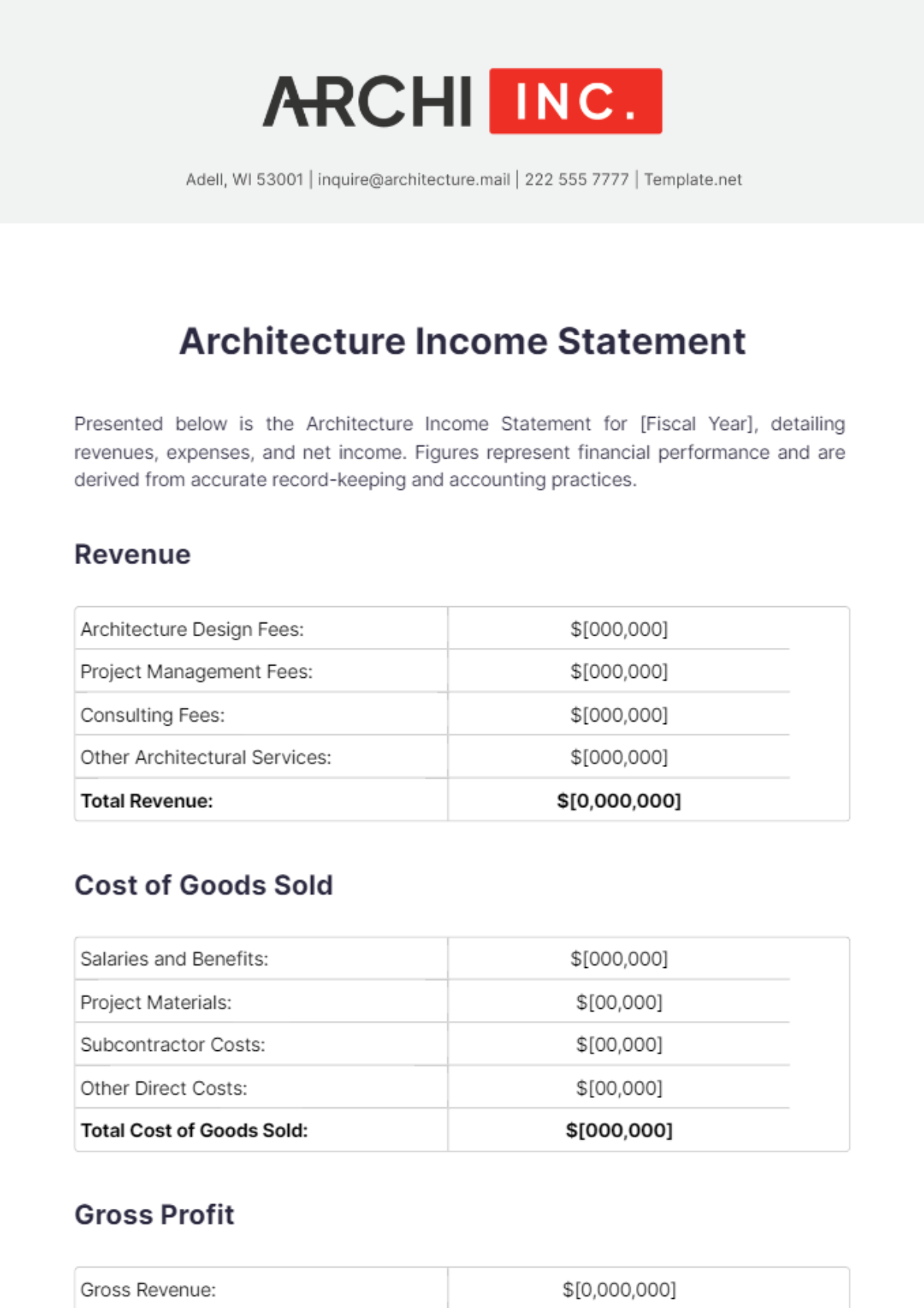 Architecture Income Statement Template - Edit Online & Download