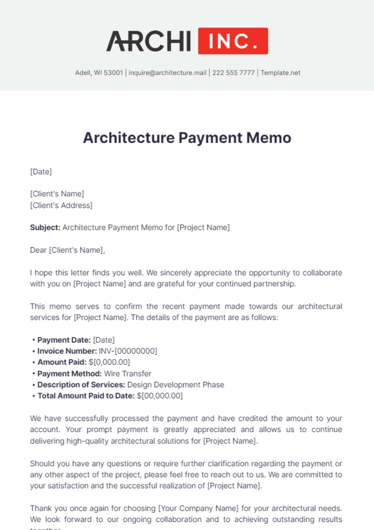 Architecture Payment Memo Template - Edit Online & Download