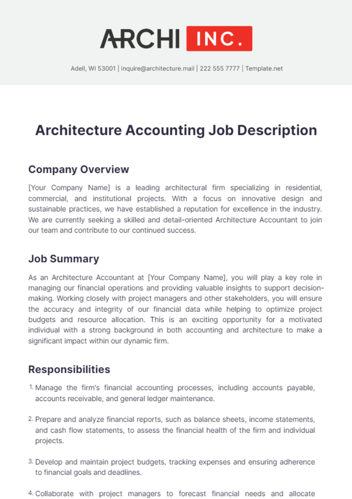 Architecture Accounting Job Description Template - Edit Online & Download