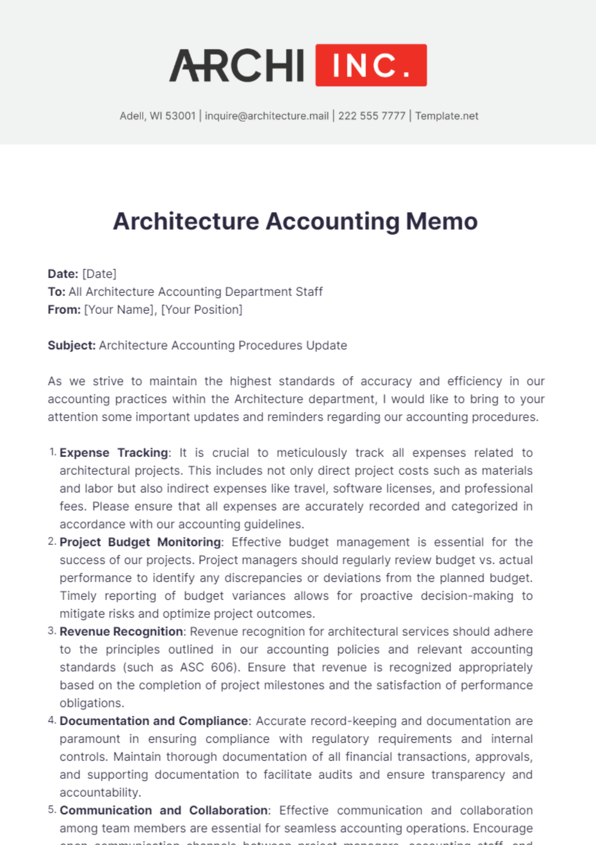 Architecture Accounting Memo Template - Edit Online & Download