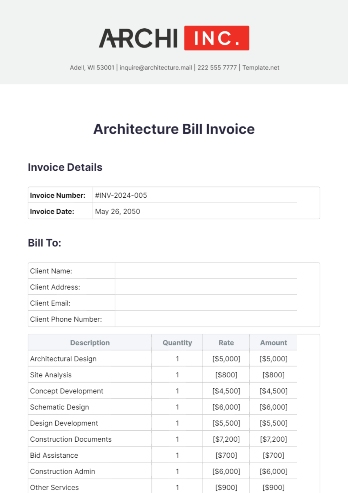 Architecture Bill Invoice Template - Edit Online & Download