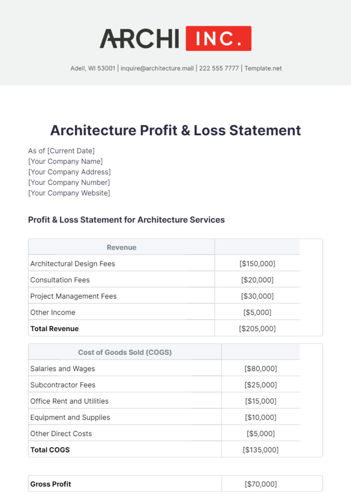 Free Architecture Profit & Loss Statement Template