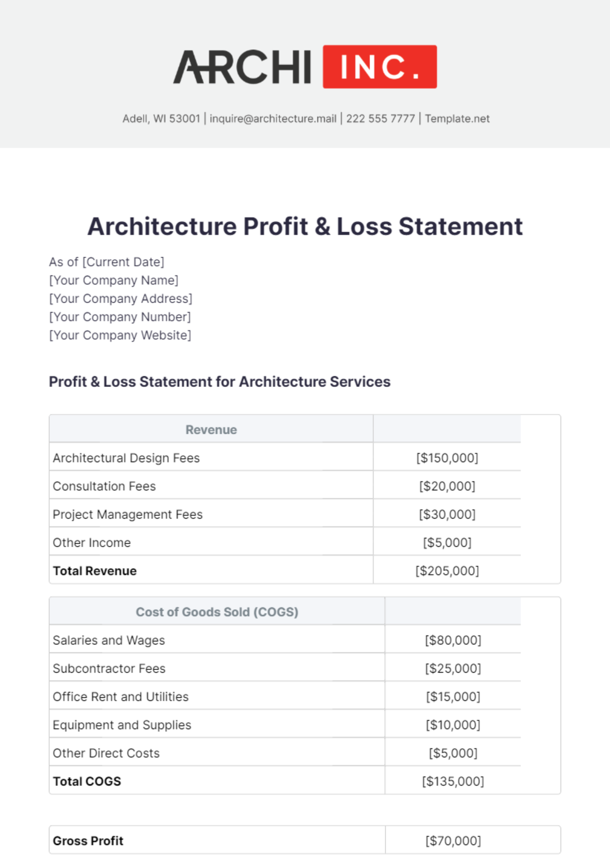 Architecture Profit & Loss Statement Template - Edit Online & Download