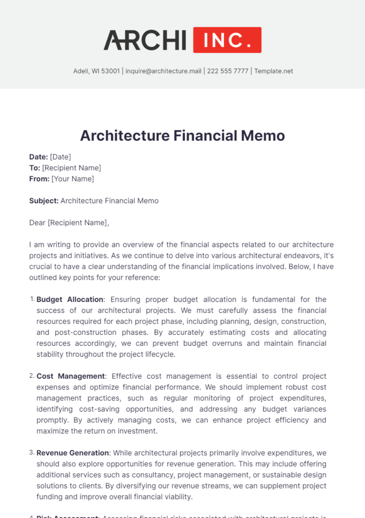 Architecture Financial Memo Template - Edit Online & Download