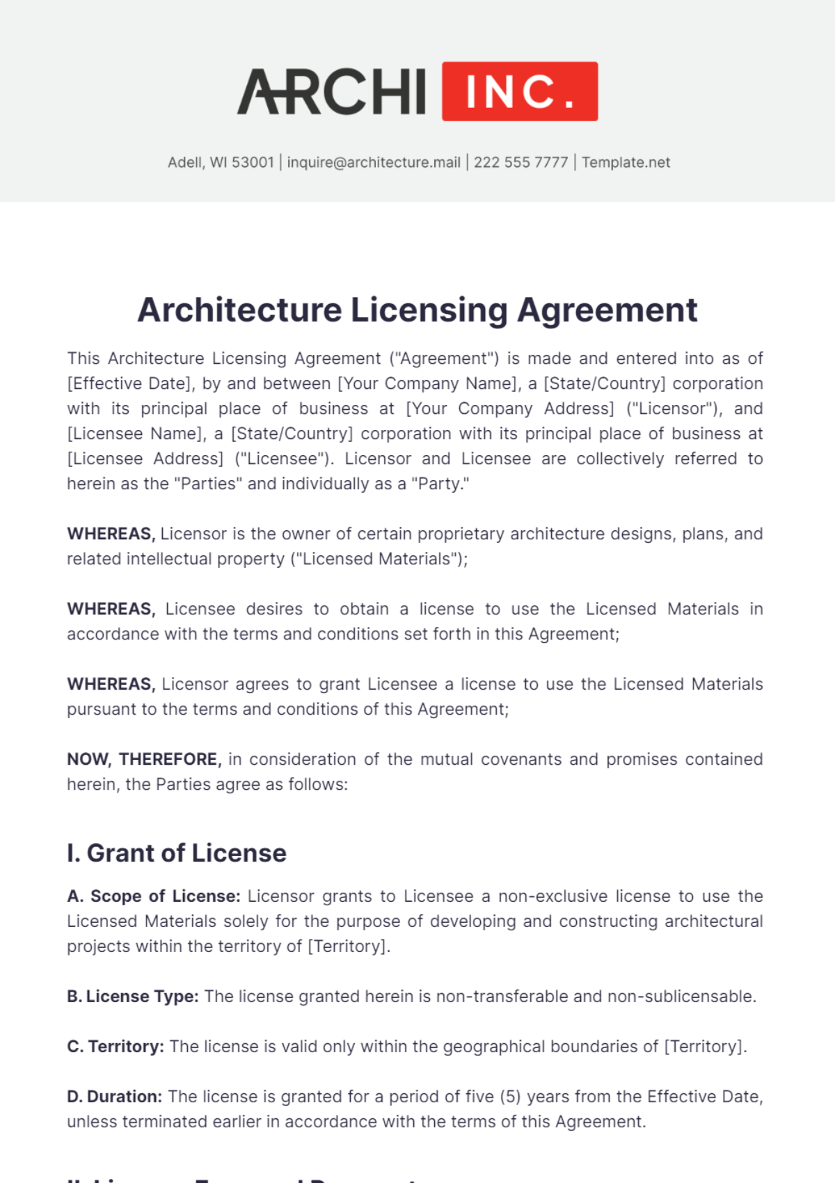 Architecture Licensing Agreement Template - Edit Online & Download