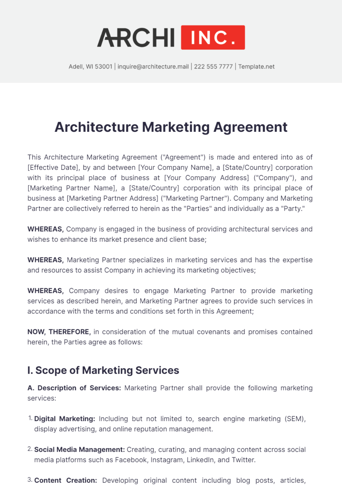 Architecture Marketing Agreement Template - Edit Online & Download