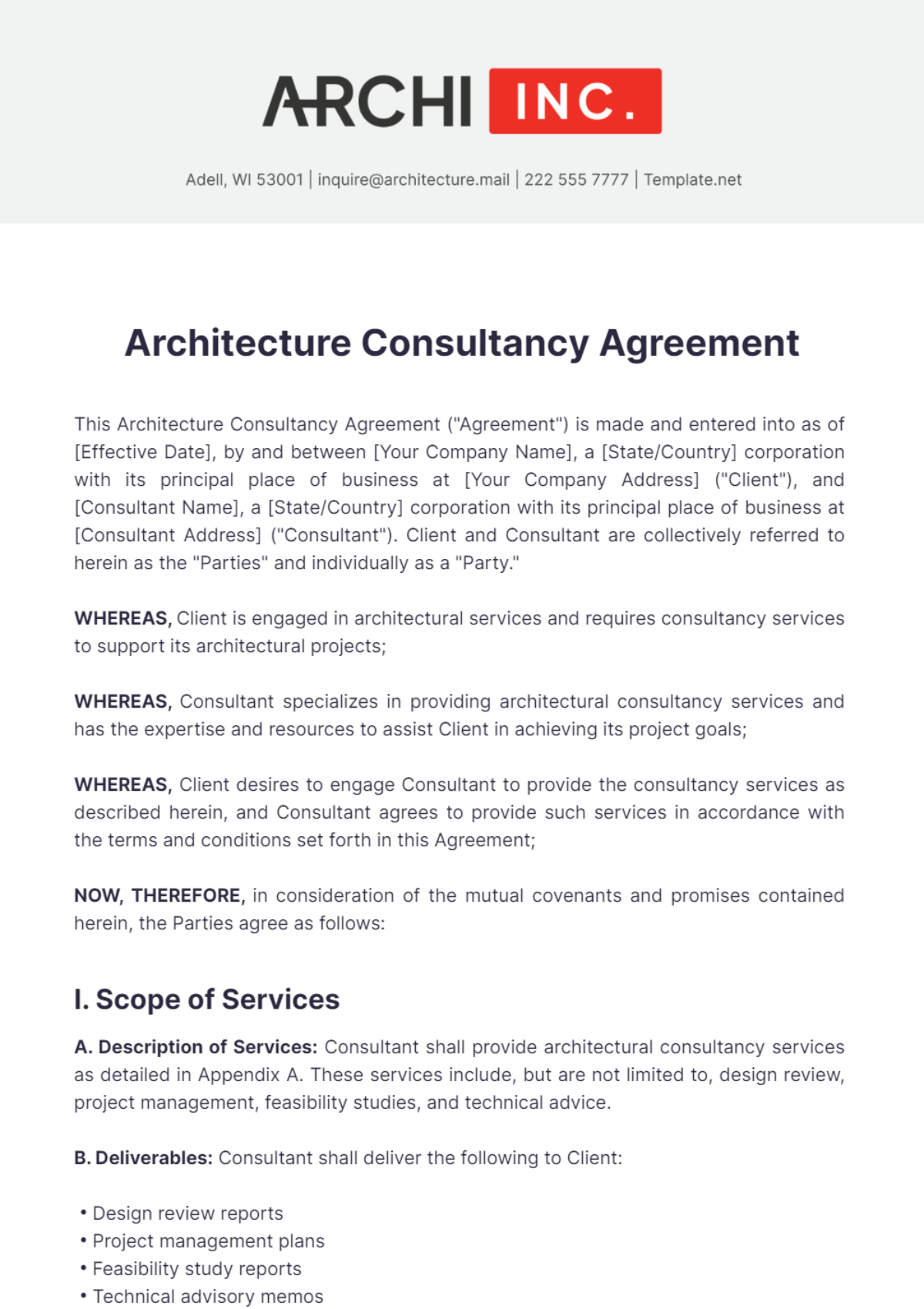 Architecture Consultancy Agreement Template - Edit Online & Download