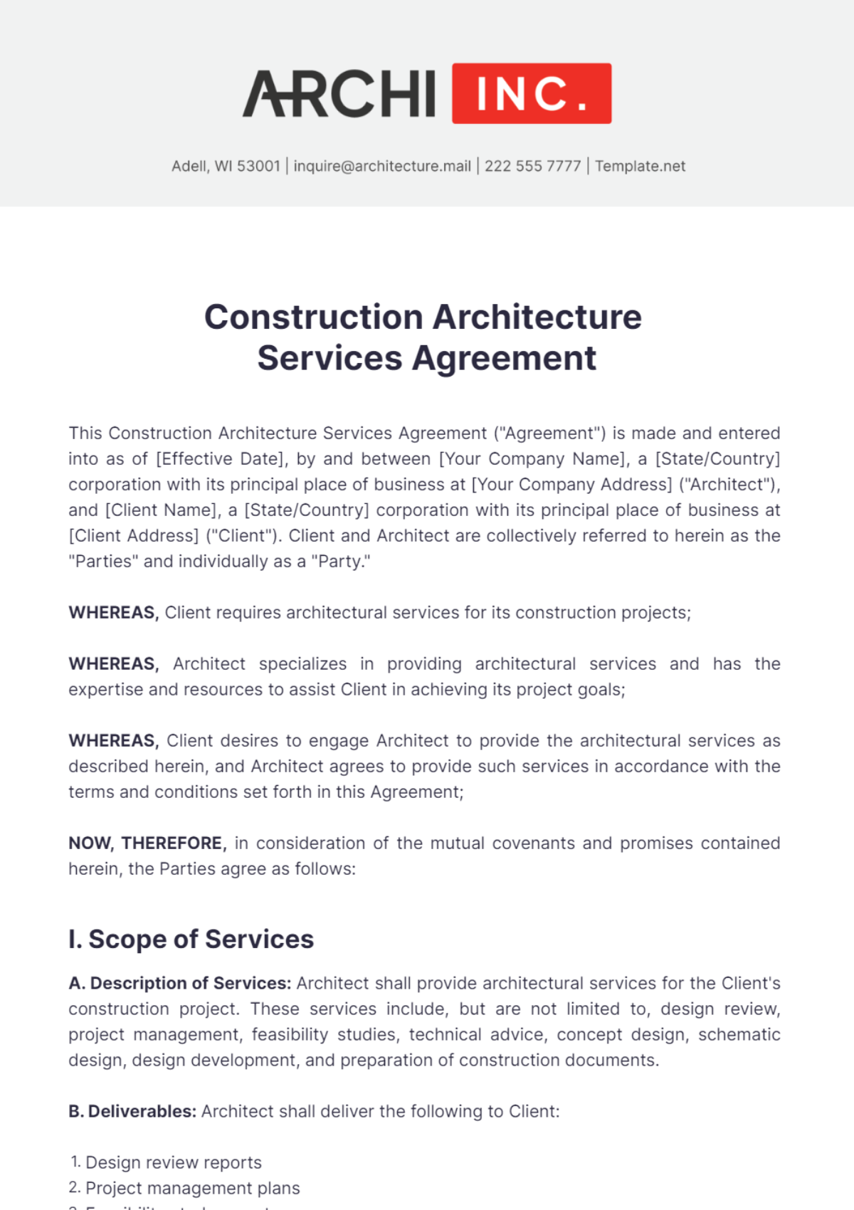 Construction Architecture Services Agreement Template - Edit Online & Download