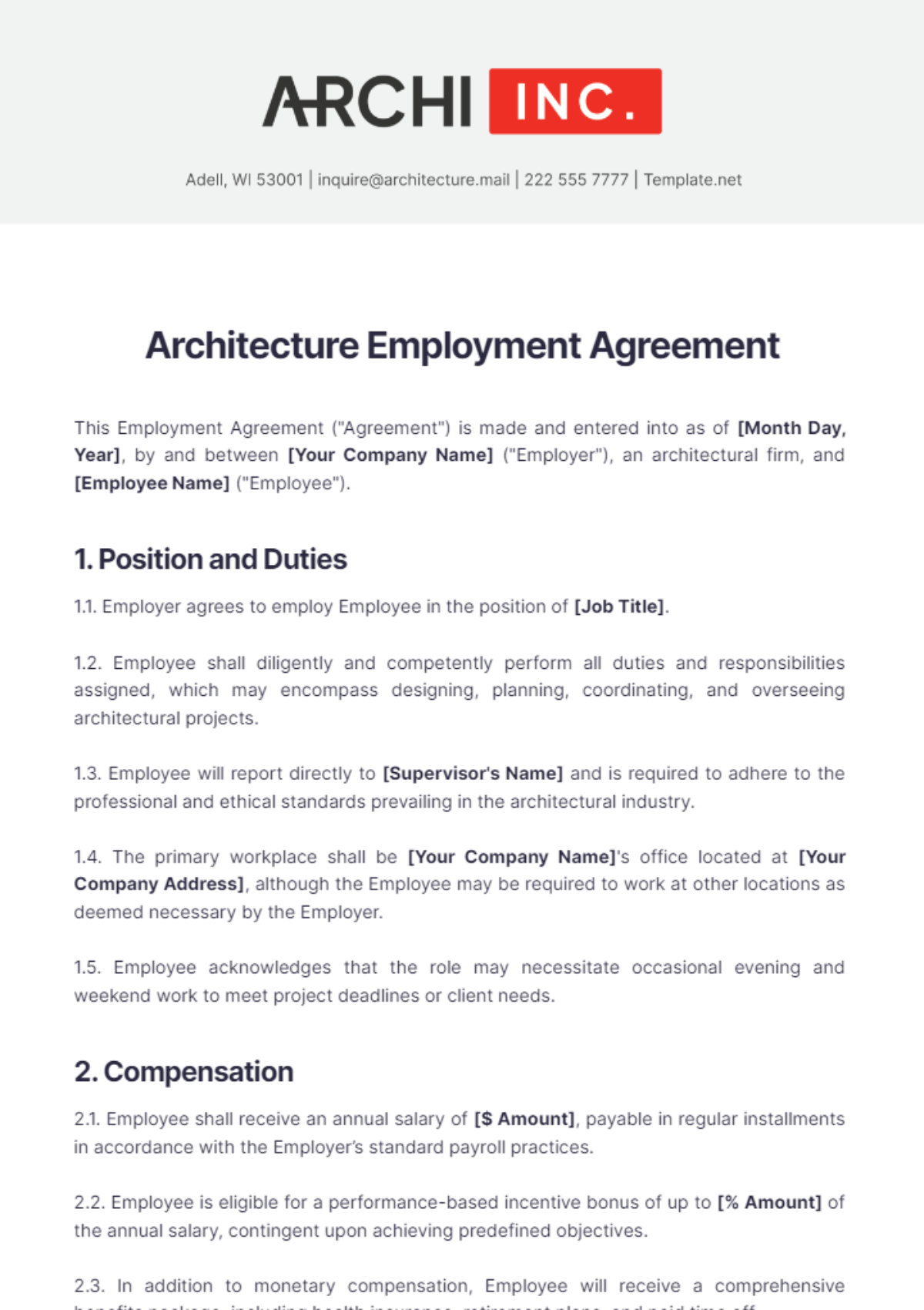 Architecture Employment Agreement Template - Edit Online & Download