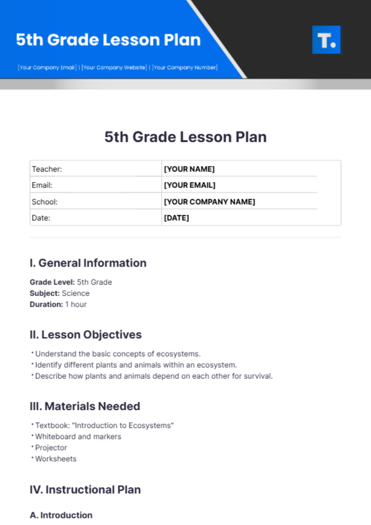 Free 5th Grade Lesson Plan Template - Edit Online & Download | Template.net