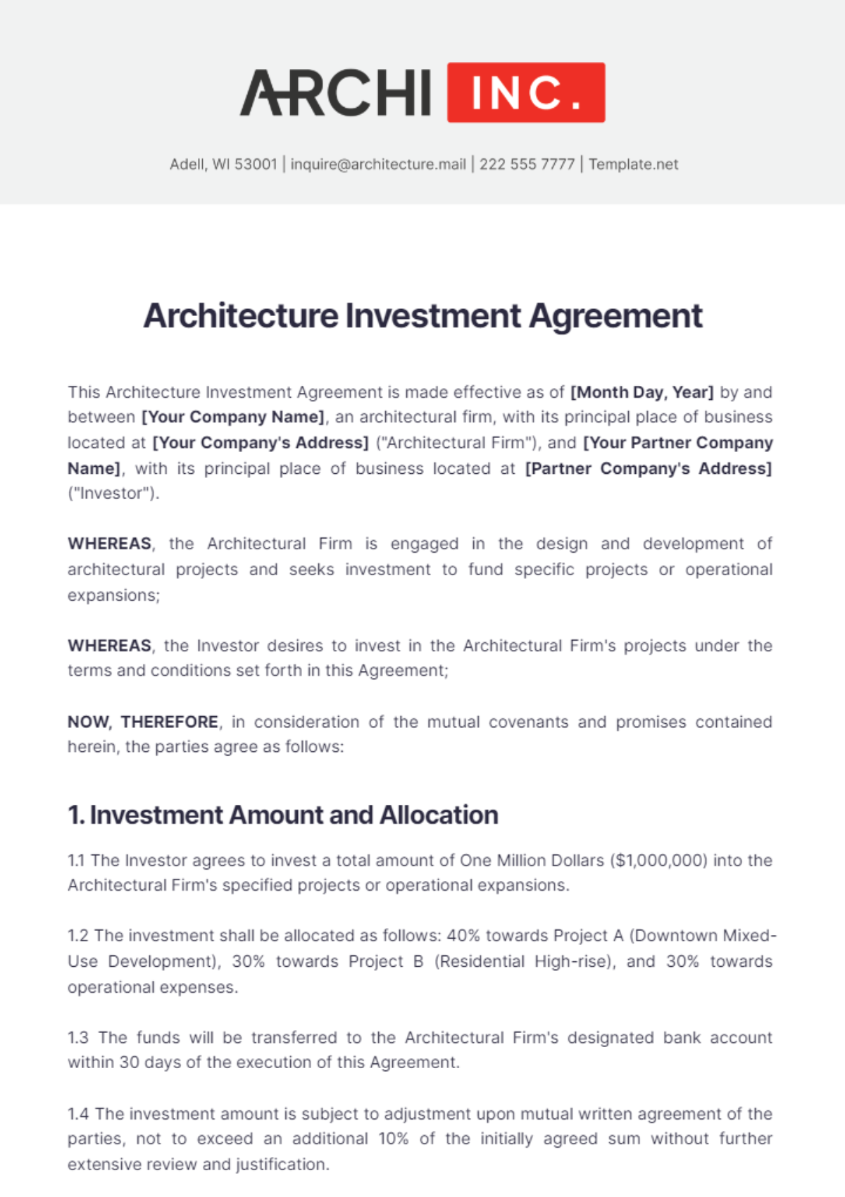 Architecture Investment Agreement Template - Edit Online & Download