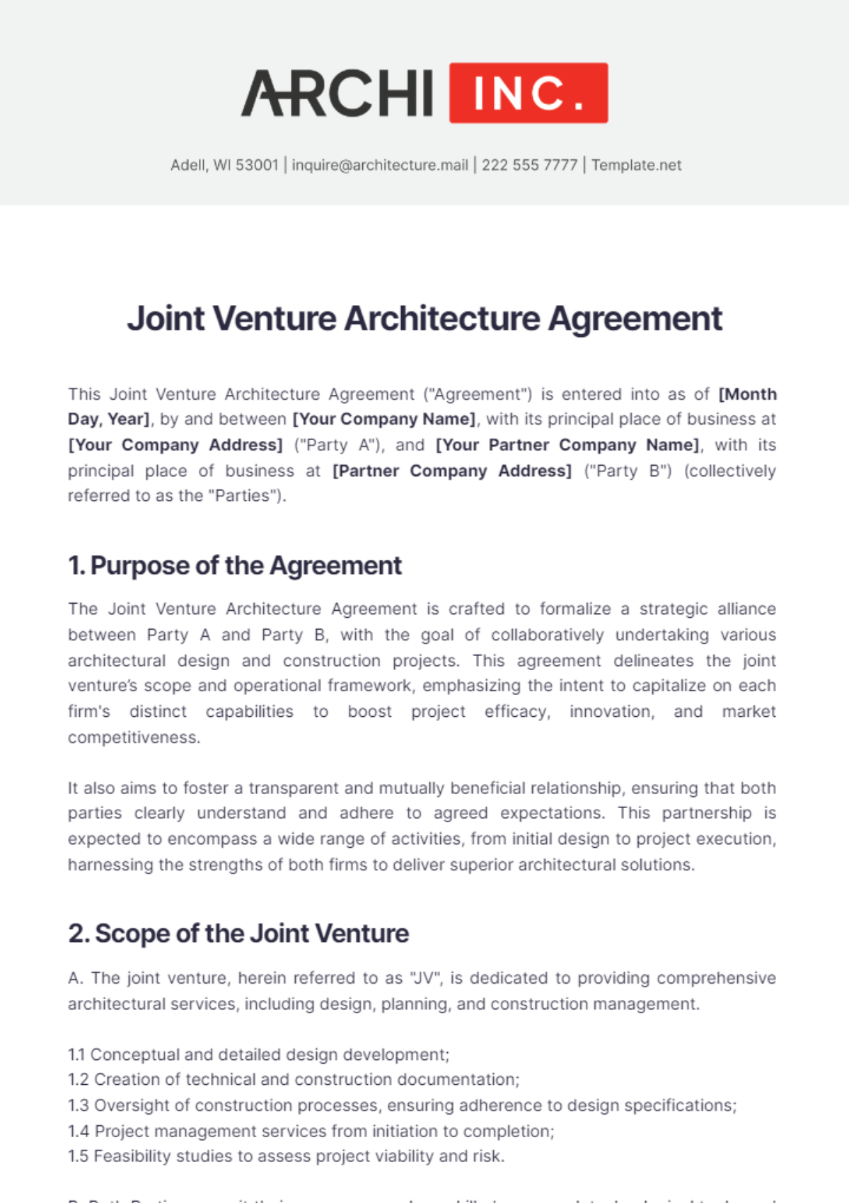 Joint Venture Architecture Agreement Template - Edit Online & Download