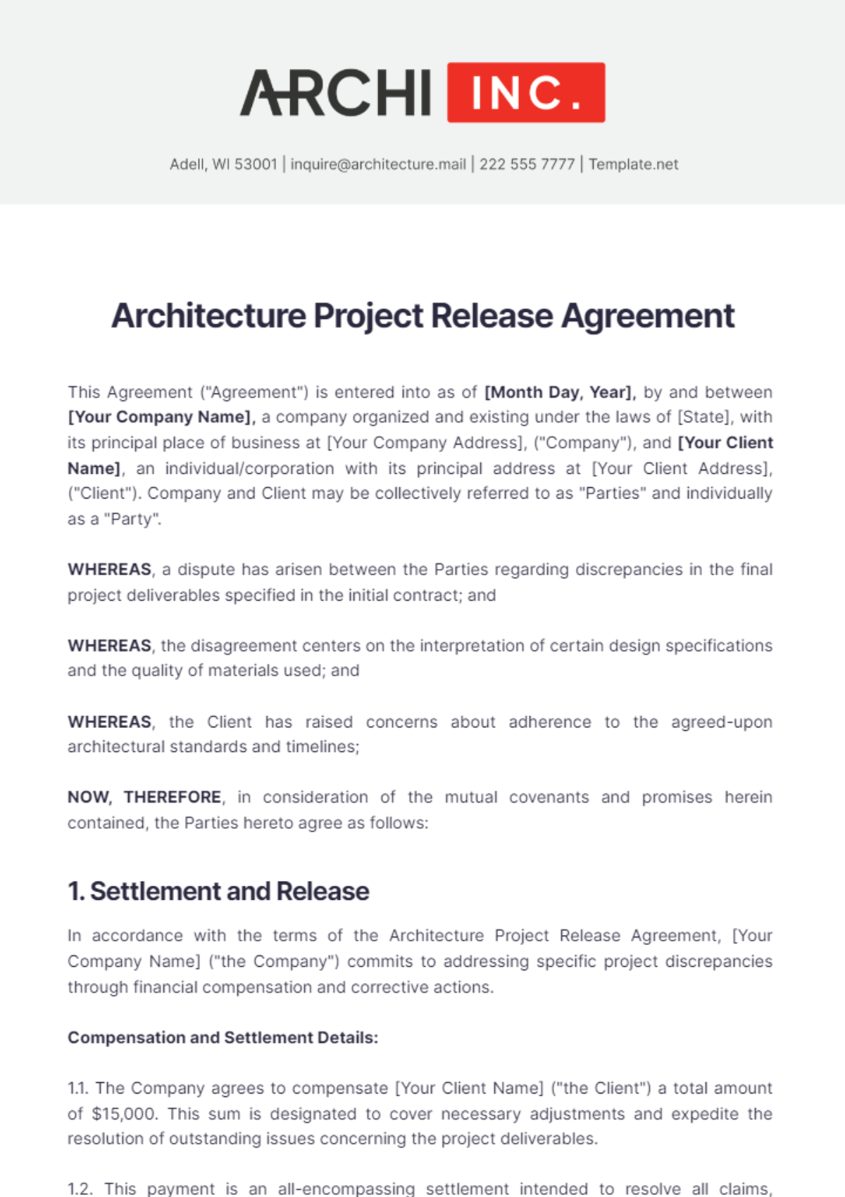 Architecture Project Release Agreement Template - Edit Online & Download