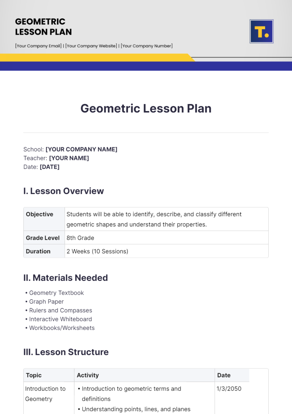 Geometric Lesson Plan Template - Edit Online & Download