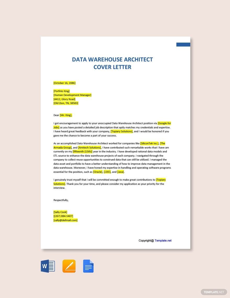 Data Warehouse Architect Cover Letter