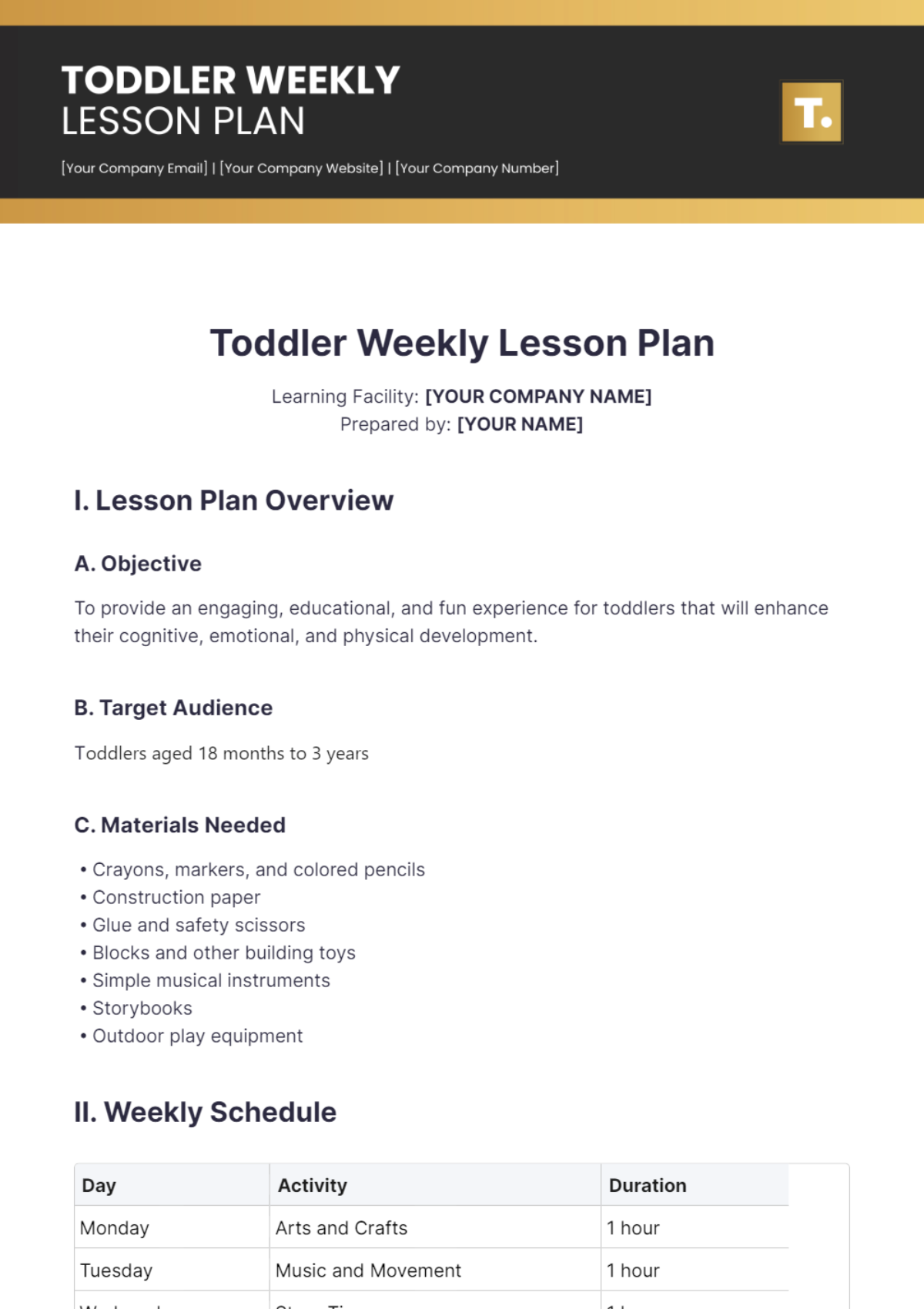 Toddler Weekly Lesson Plan Template - Edit Online & Download