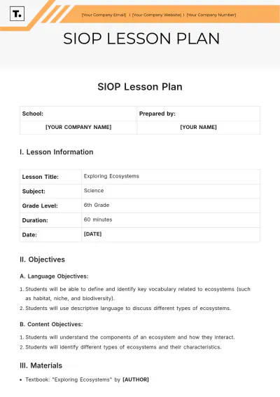 Free SIOP Lesson Plan Template to Edit Online