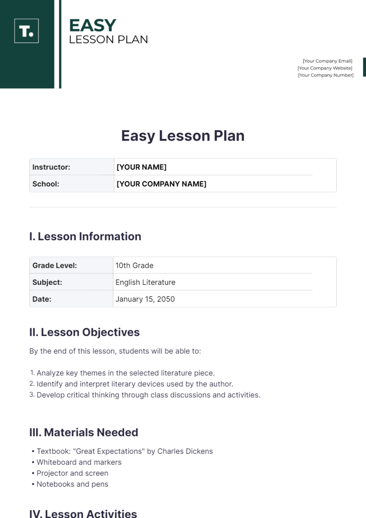 Easy Lesson Plan Template - Edit Online & Download