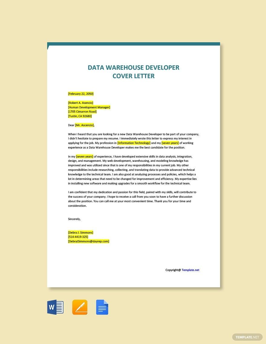 Data Warehouse Developer Cover Letter