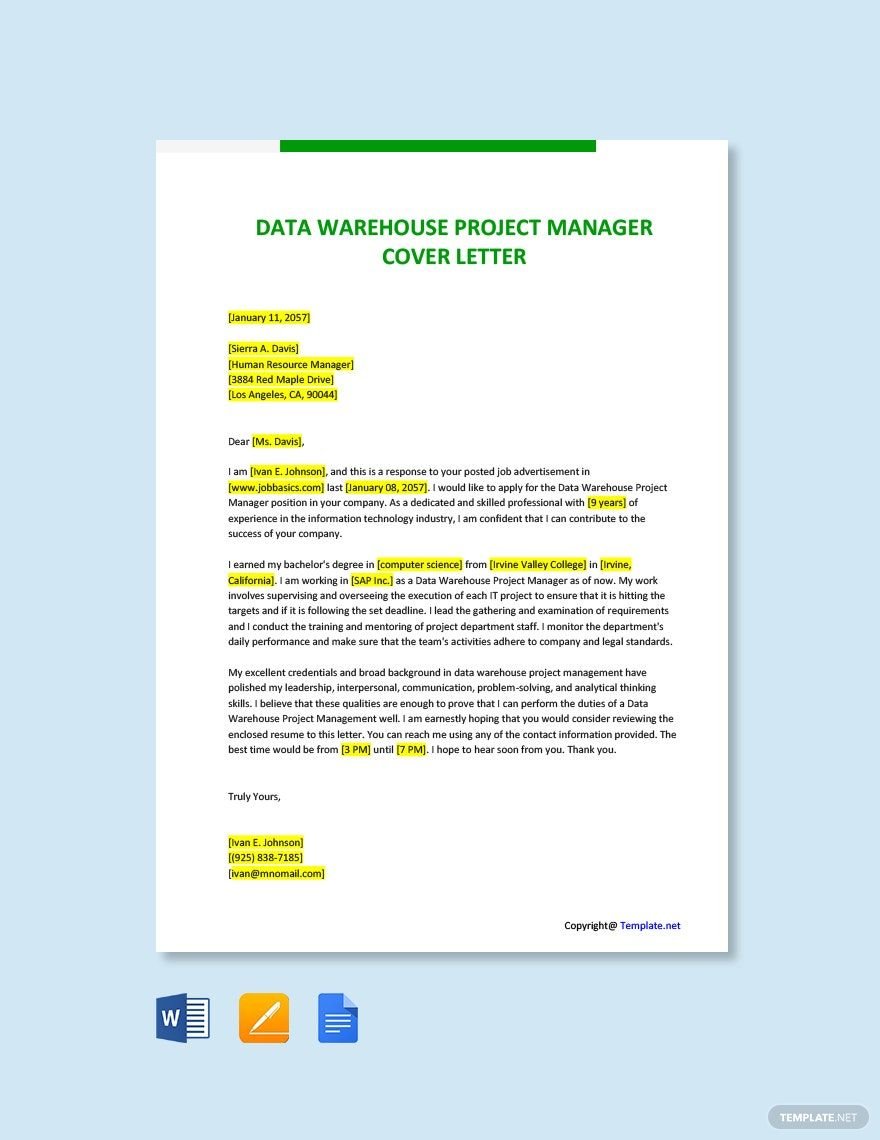 Data Warehouse Project Manager Cover Letter